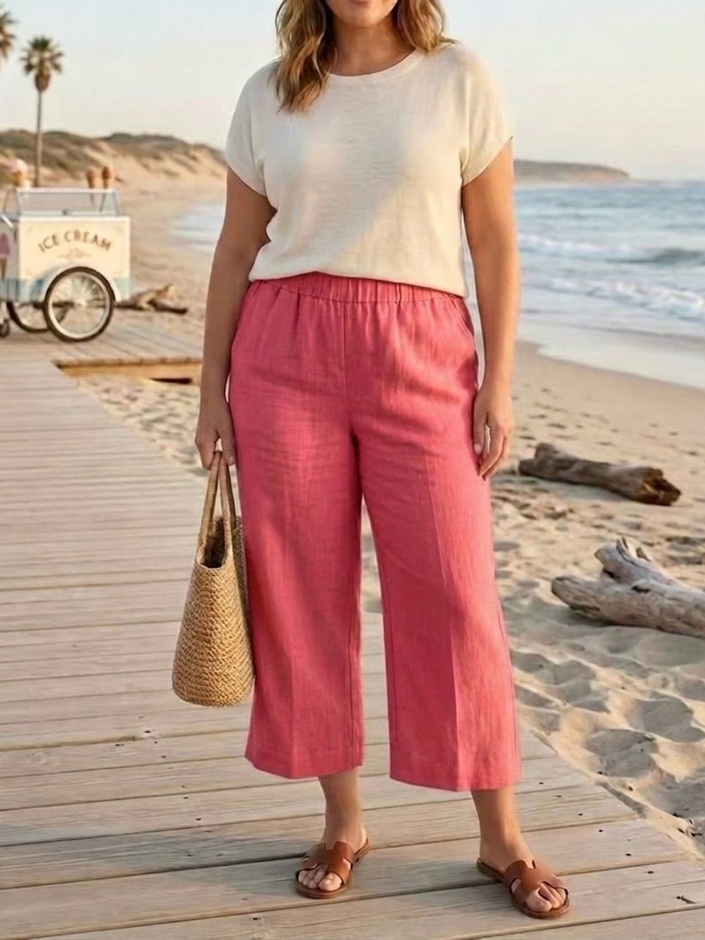 Talbots 100% Linen Wide Leg Crop Pants XL Pink
